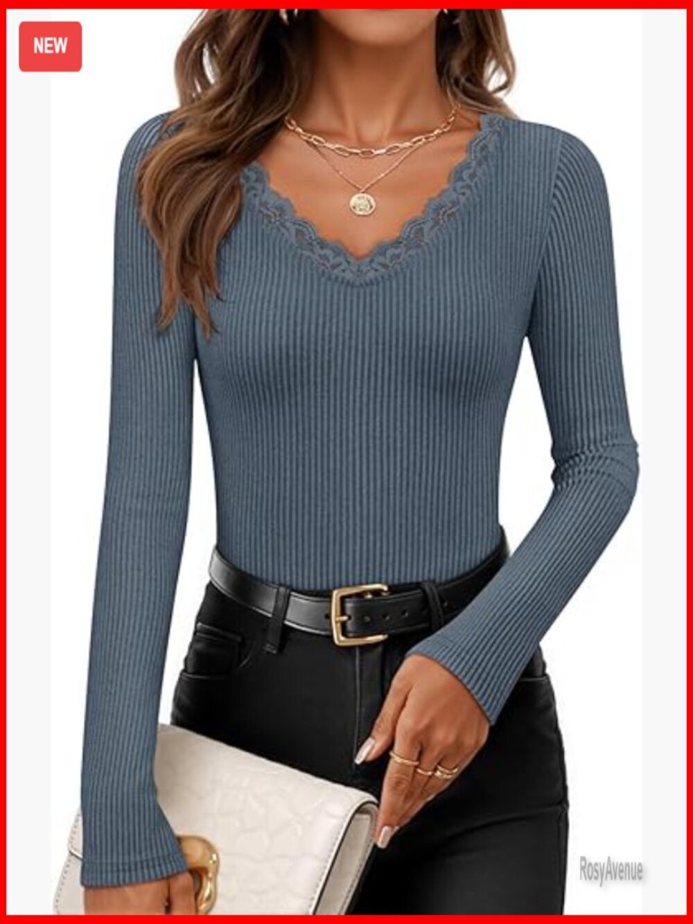 Long Sleeve Lace V Neck Ribbed Knit Slim Fit Blouse Business Casual